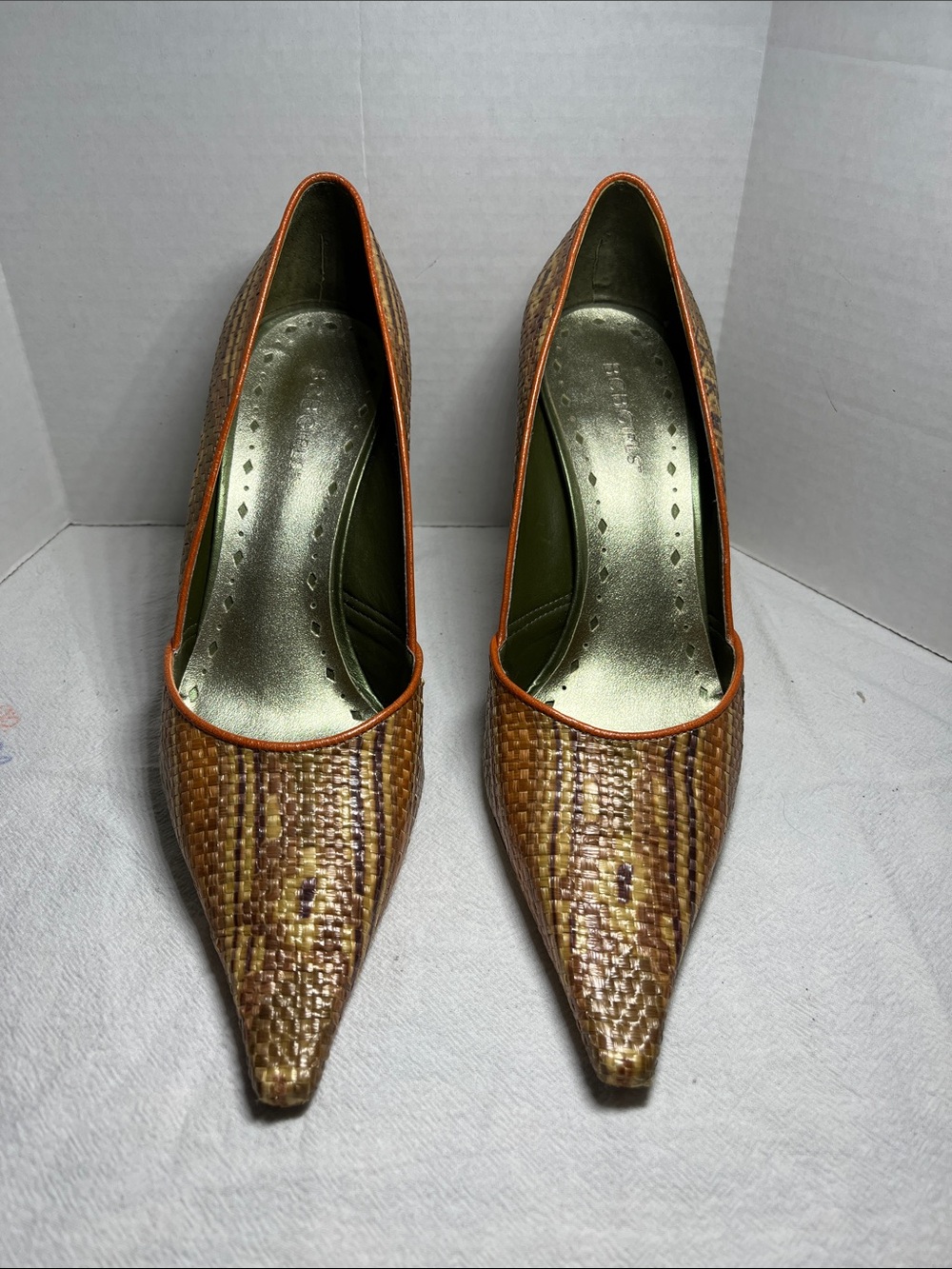 BCBGirls Woven Brown Pumps with Orange Trim